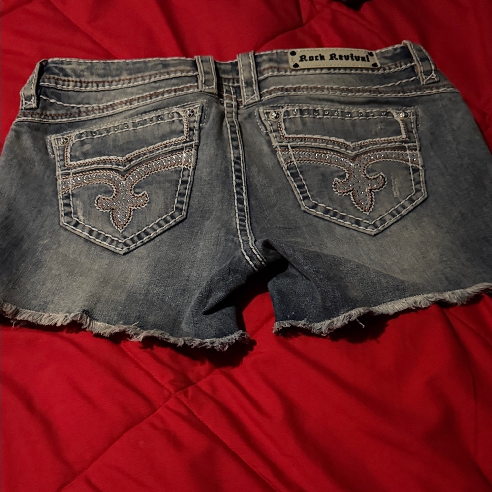 Rock Revival Frayed Hem Jean Shorts - Light Blue - Picture 2 of 2